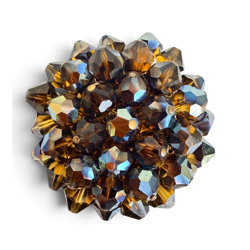 Vintage 1960s Smoky Topaz AB Crystal Bead Cluster Dome Brooch Pin Gold Tone Des